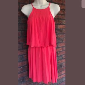 Coral Halter Dress Pom Pom Detail Spaghetti Strap